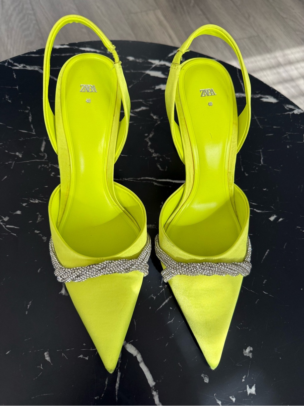 Zara Neon Lime Crystal-Trim Slingback Pointed Heels